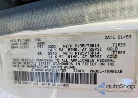 1993 Toyota Pickup 1/2 Ton Short Wheelbase Stb z USA, uszkodzony, nr VIN 4TARN81A5PZ084705